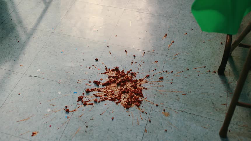 A serving of pasta sauce with ground beef falls to a tiled floor and violently splatters on impact creating a wide mess