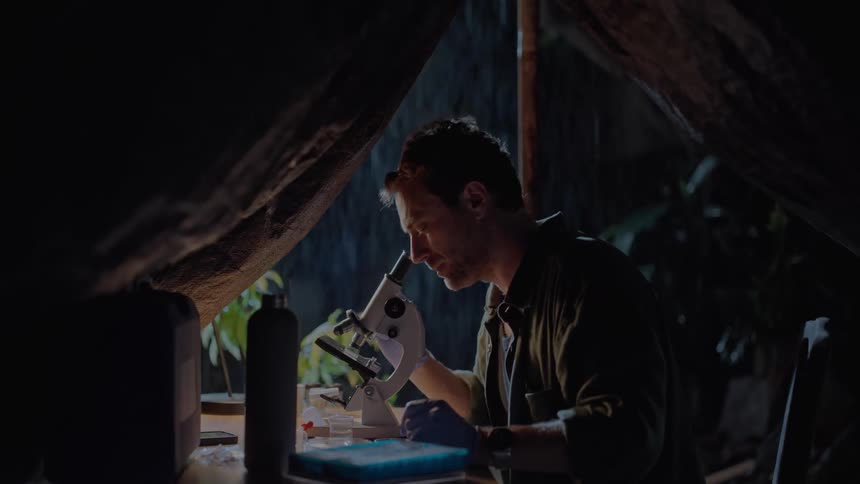 A man inside a tent at night during rainfall looks through a microscope