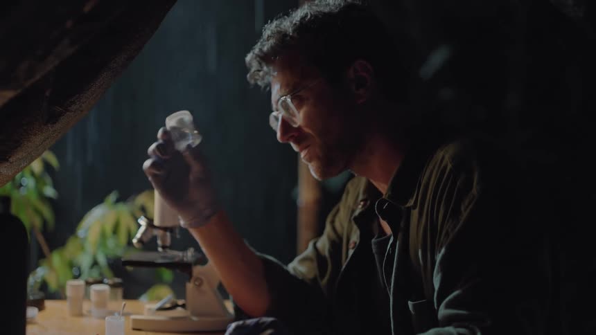 A person wearing gloves examines a liquid container at a table with scientific tools under a tent on a rainy night