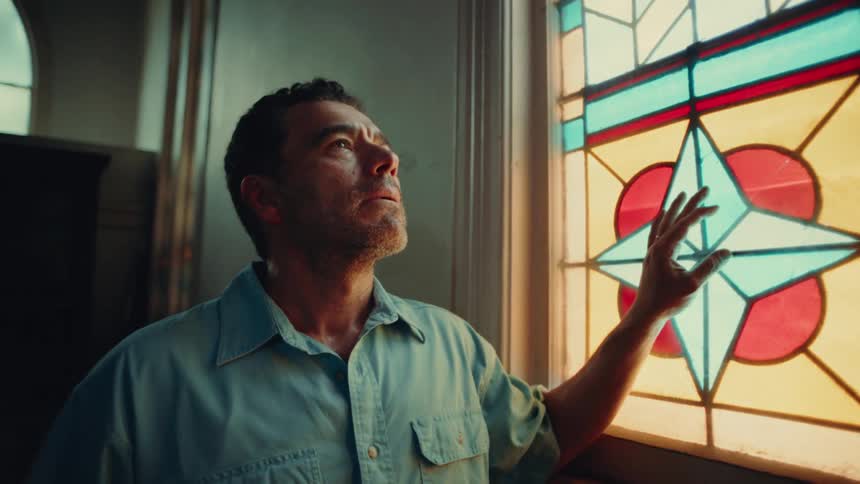 Man touches a stained glass window then walks along the wall of a church