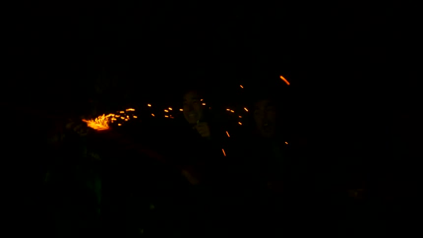 Teenagers shoot fireworks in the cave
