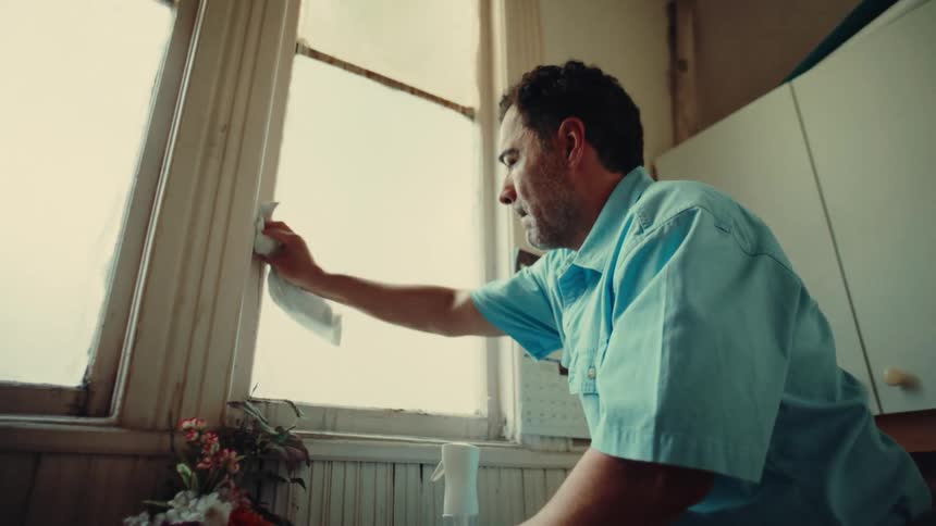 A man meticulously cleans the kitchen wall and appliances in a brightly lit room at home