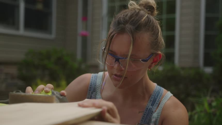 A woman kneels next to a wooden chopping board sanding it with a power tool in her backyard at home