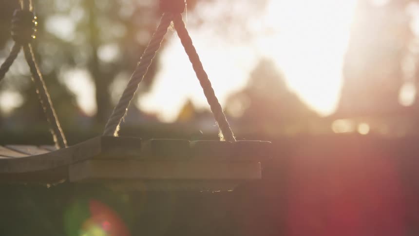 A wooden swing hangs by ropes bathed in sunlight filtering through the trees