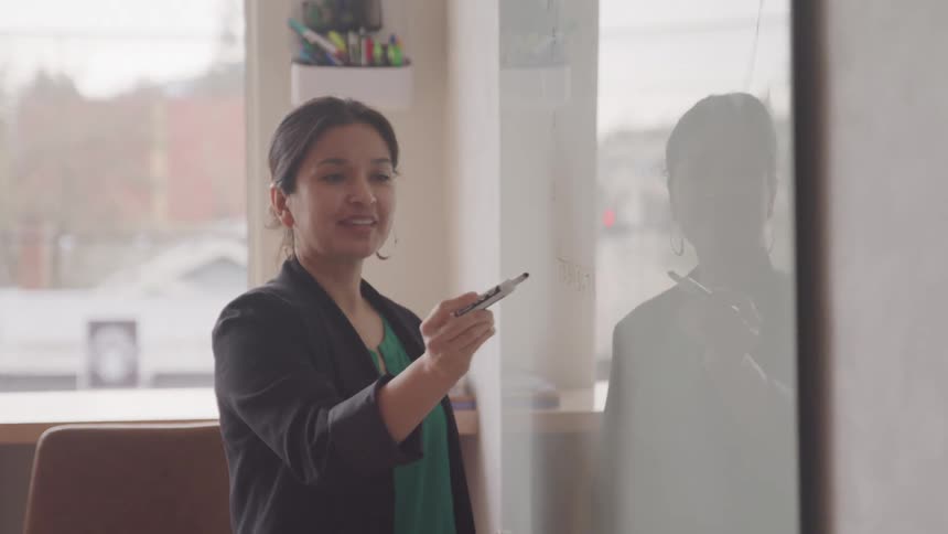 A woman in business attire stands presenting with a marker next to a whiteboard in an office