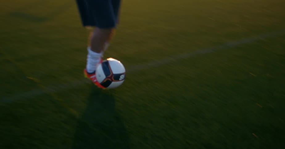 A person is kicking a soccer ball around the field