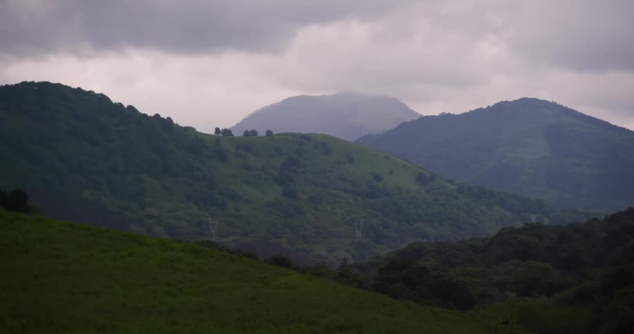 Trees are covering the tops of mountains at dusk