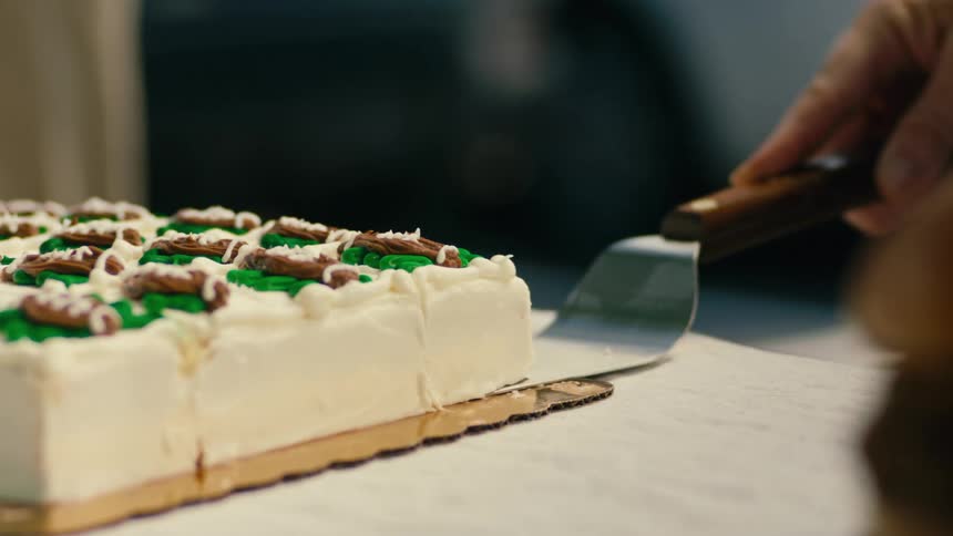 Close up of a spatula picking up a slice of cake