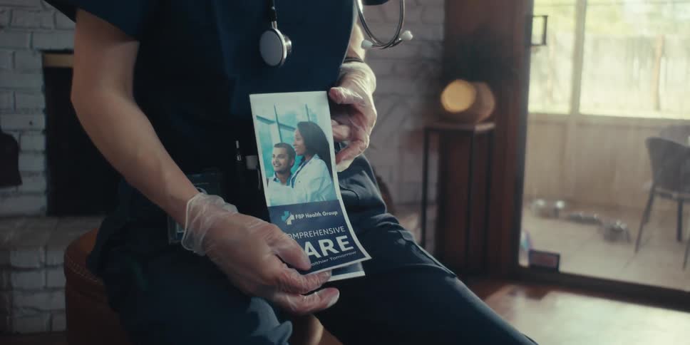 A healthcare professional wearing dark scrubs gloves and a stethoscope is holding and examining a brochure that reads comprehensive care