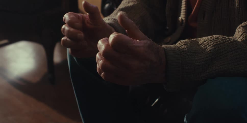 Closeup of an elderly mans hands gesturing expressively while he talks seated on a couch in a home setting