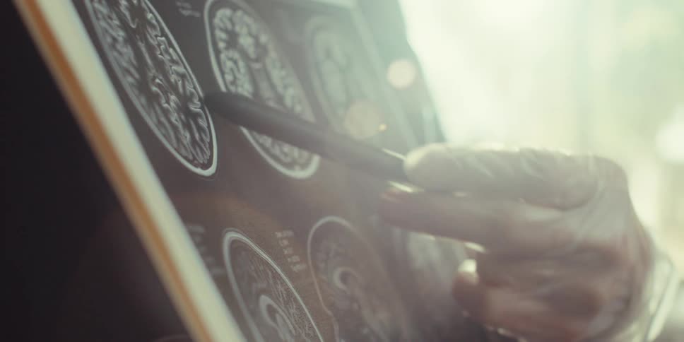 Medical professional indicates pictures of a brain scan on a sunny day