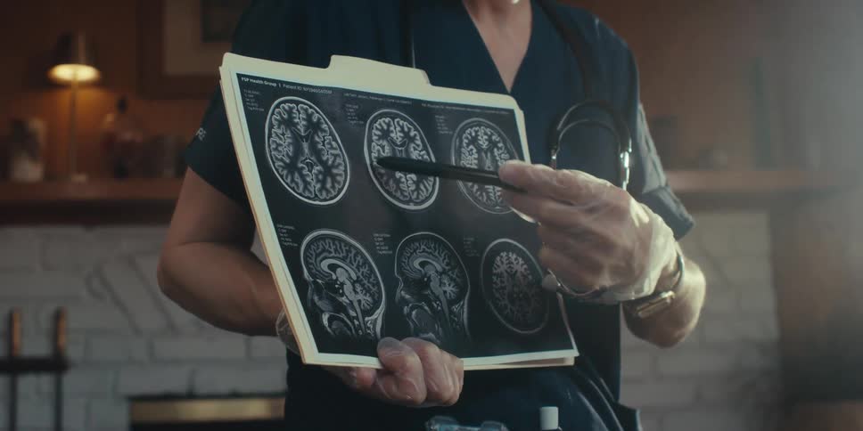 Nurse showing scans of a brain