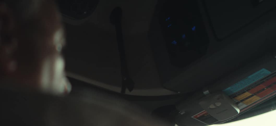 An outoffocus person is partially visible in a dimly lit vehicle interior with illuminated controls on the roof