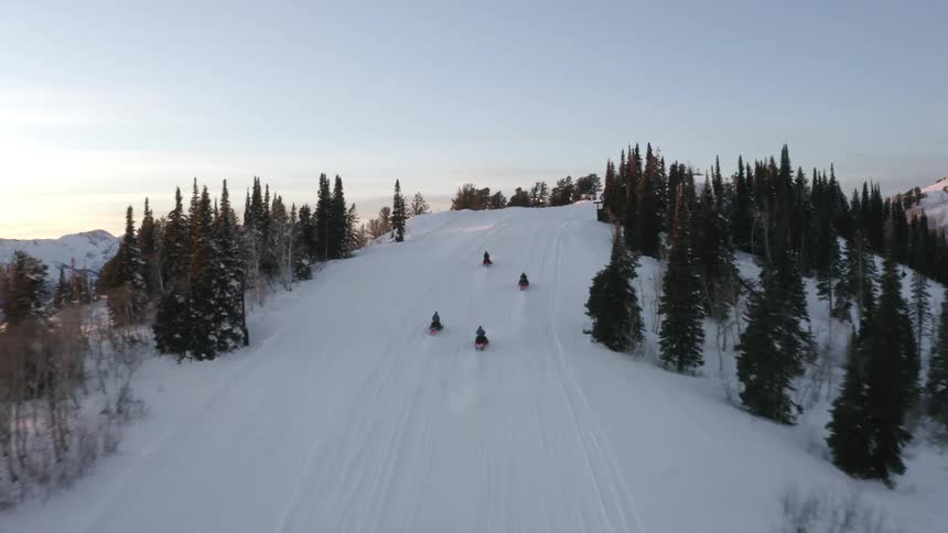 Group of four people on snowmobiles climbing a snowy mountain with conifers