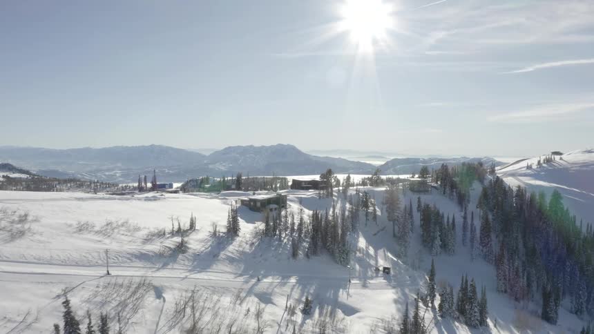 Aerial landscape of mountains with conifers and snow and in the background small houses
