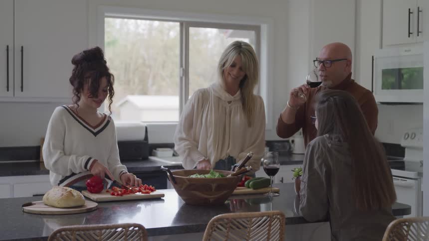 A family cook and talk in the kitchen