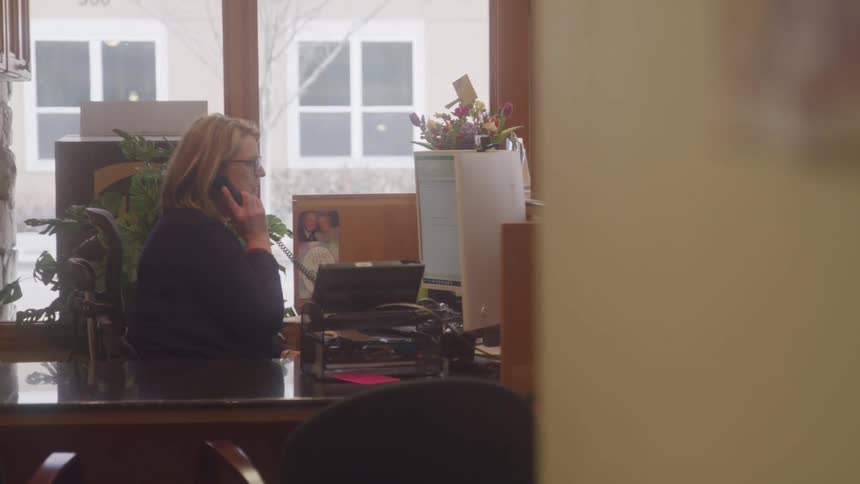 Woman working in an office answers the phone and has a conversation at her desk