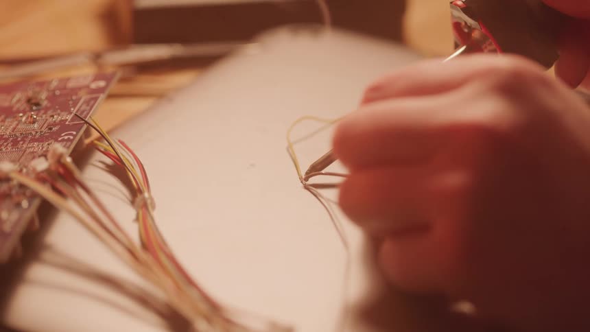 Person soldering wires together for use in a computer