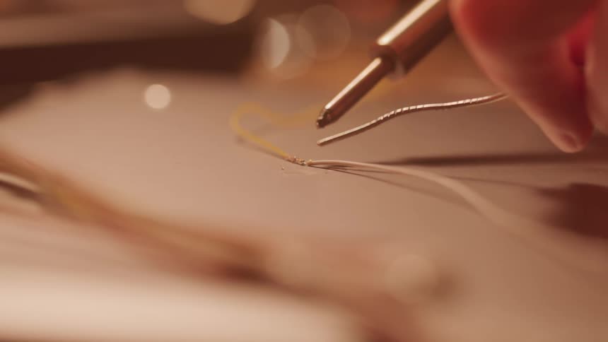 Pair of hands with a soldering tool applying solder to a circuit wire