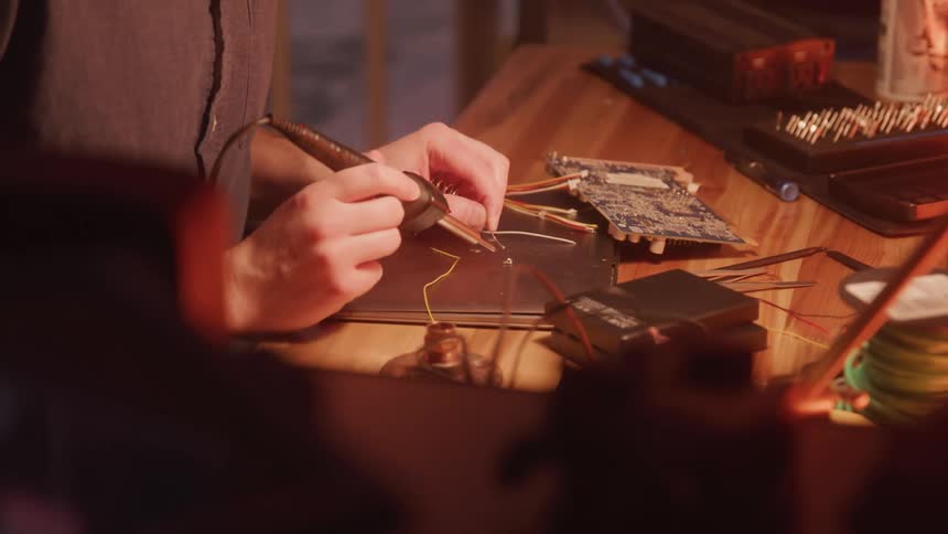 A person uses a soldering iron to work on wires at a cluttered electronics workbench