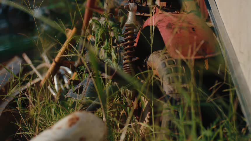 Tall grass partially conceals a rusty derelict motorcycle outdoors
