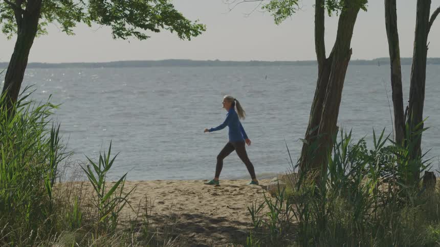 A lone figure walks along a sandy beach beside a tranquil lake surrounded by tall grasses and dense trees