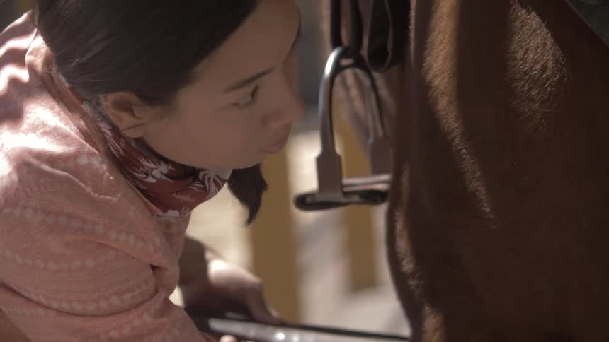 A closeup shot shows a woman focused intently as she carefully adjusts the leather straps of a horses bridle or saddle in an outdoor stable environment