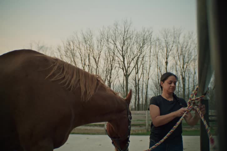Woman tying a knot in a rope that is connecting a horse and a fence in an outdoor setting