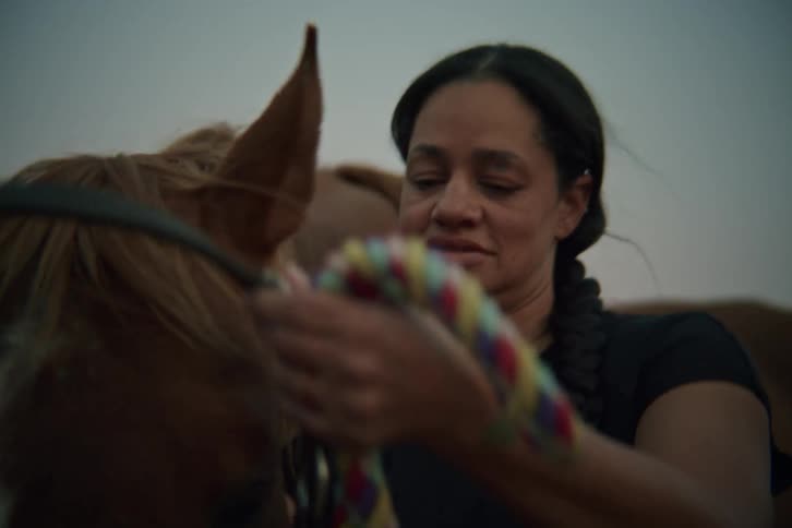 Woman removing a bow from a horses head