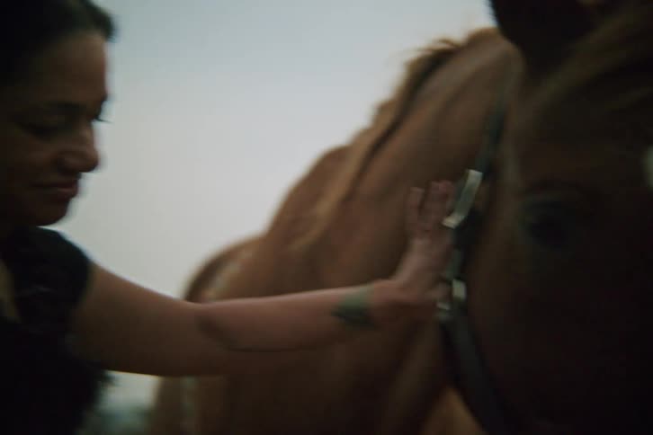 Woman adjusting equipment on a horses face