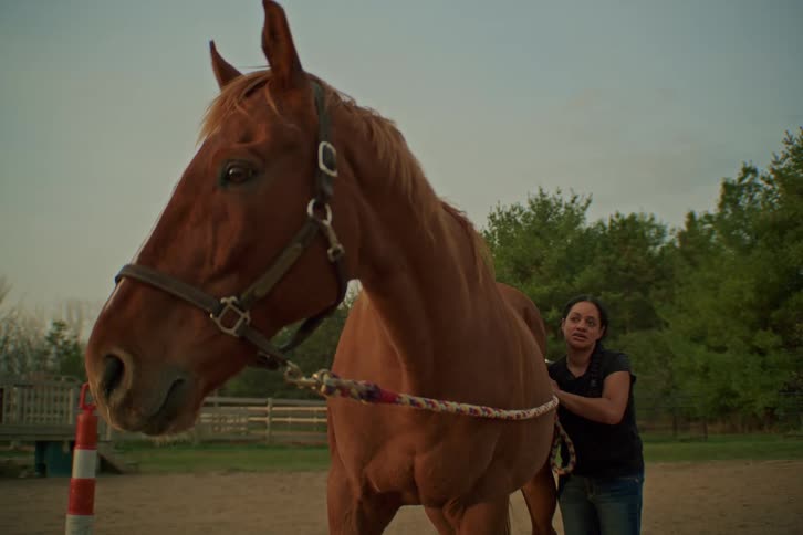 Woman adjusting a rope on a horse