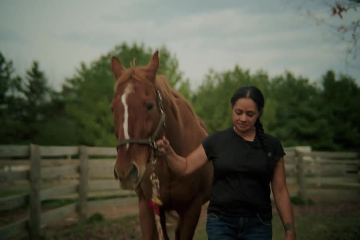 Woman leads a horse through a corral on a cloudy day