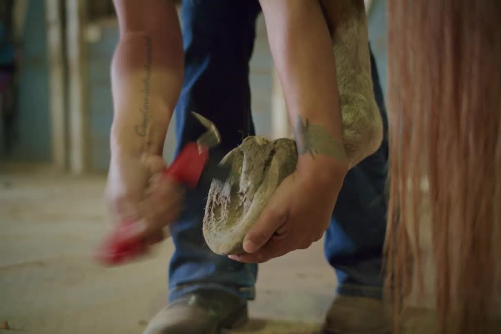 Inside a stable a woman wearing jeans and boots bends down holding up a horses leg to carefully clean dirt from its hoof with a redhandled tool
