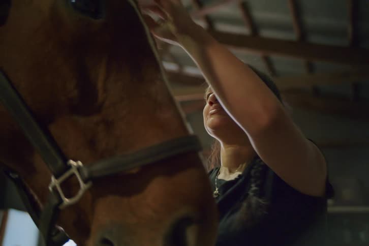 Inside a dimly lit stable a woman gently adjusts the bridle on a horses head and pets its face