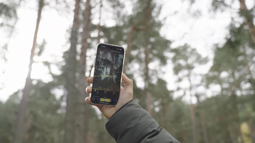 Hand holding a smartphone and mapping a forest