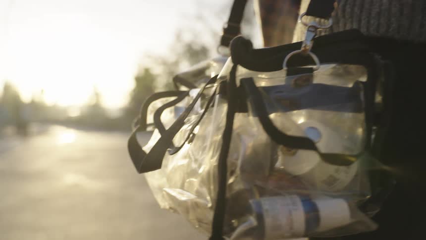 Close up of a transparent bag with objects inside