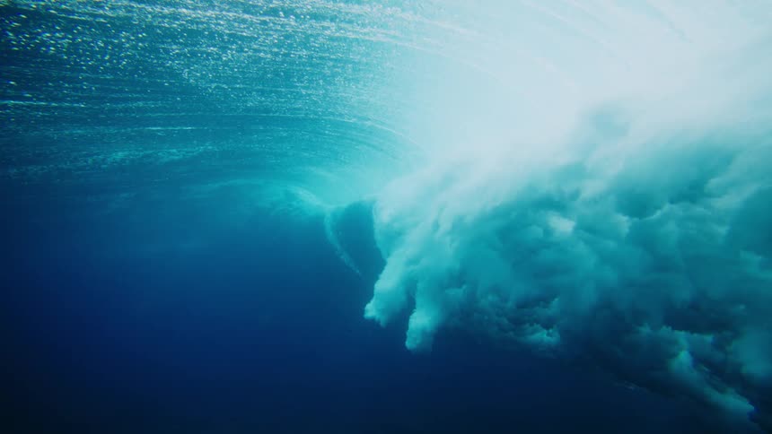 A large foamy wave crashes beneath the surface of the ocean contrasting with the deeper blue water surrounding it