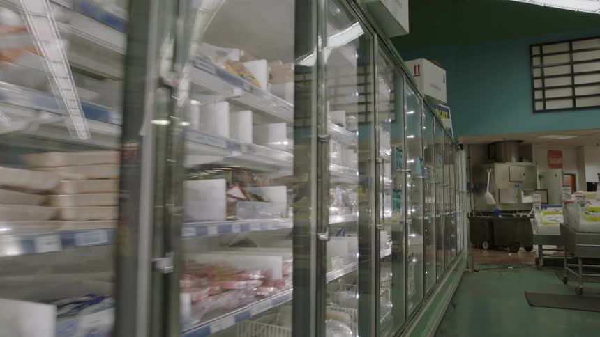 Freezer case in a grocery store