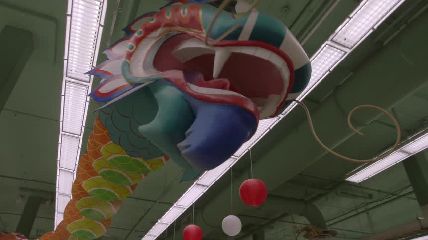 A large decorative dragon head hangs from the ceiling of a store
