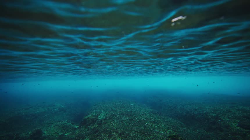 The ocean is shown from underwater focusing on the ocean floor and the flat water line above it