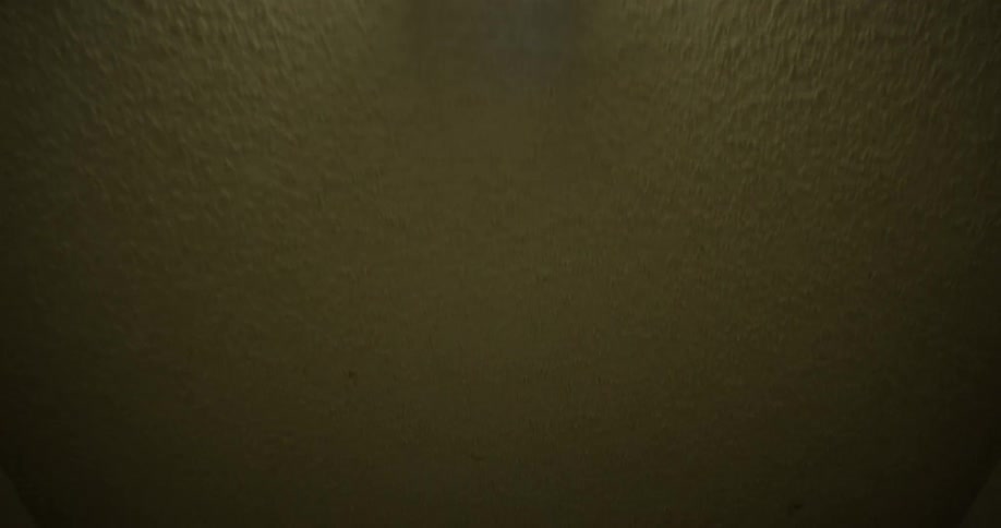 The dark hallway has one light