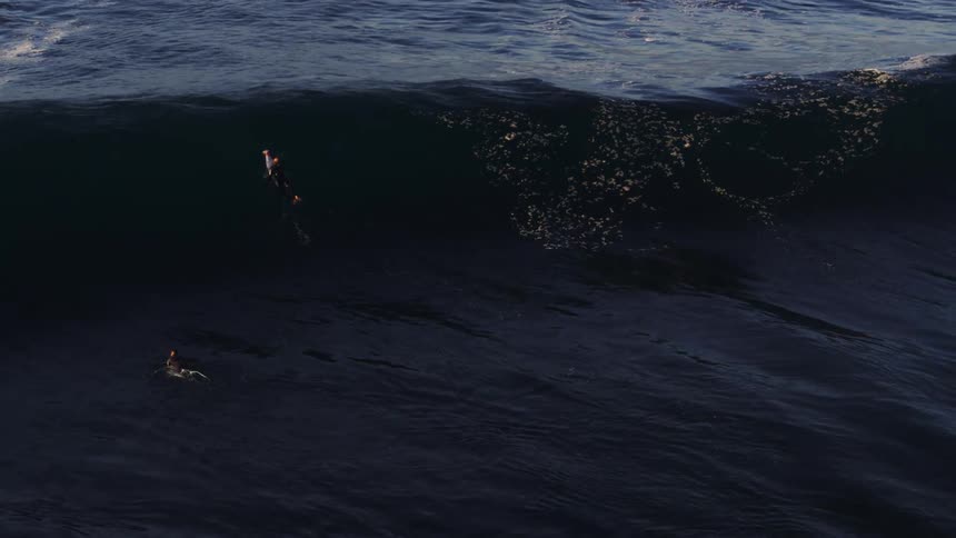Two surfers paddle their surfboards up and over a swelling wave