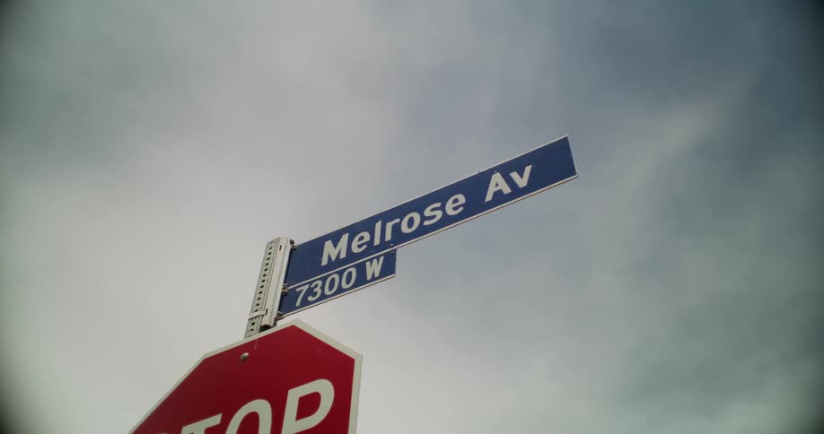 The words melrose av and 7300 w are written on rectangular signs with a white on blue font above a stop sign under a cloudy grey sky