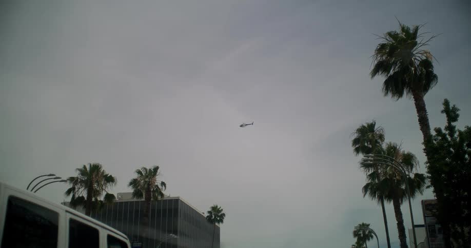 A helicopter flies high over a neighborhood that has palm trees
