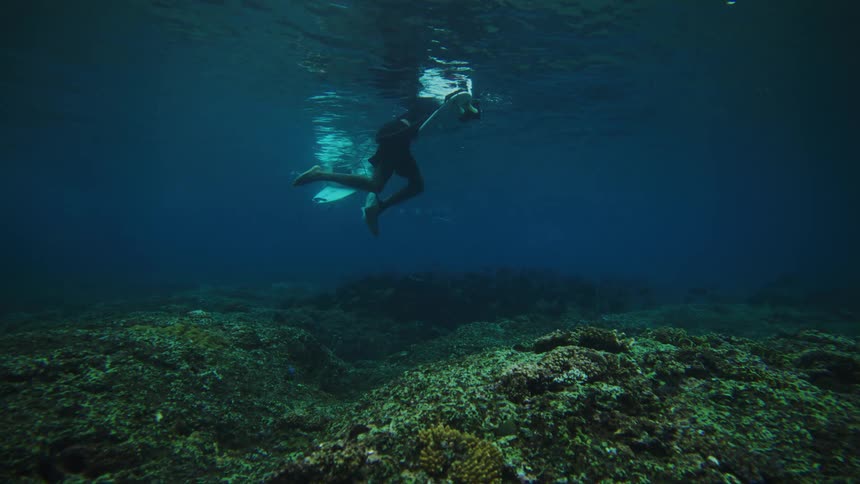 Surfer kicks slowly while leaning on a surfboard near the seafloor