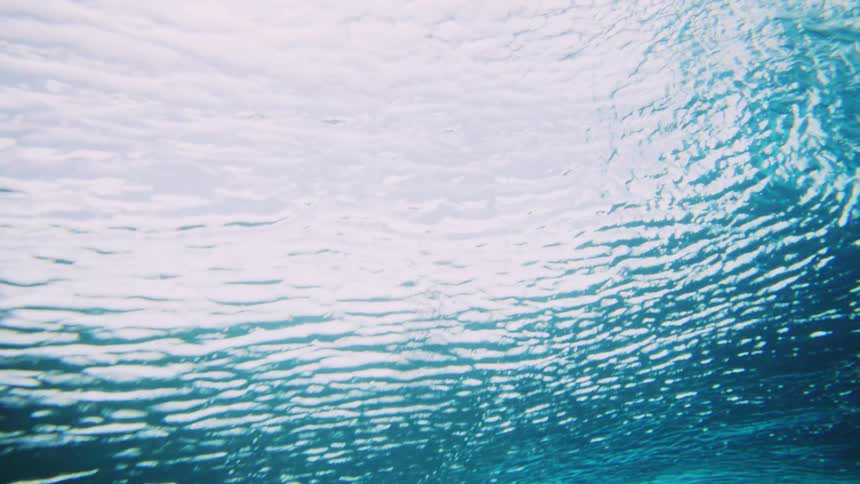 Underwater view of a tubular wave and the stacks of a surfboard passing by