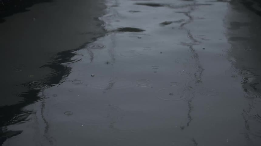 A large puddle of water with several drops dripping on its surface and moving