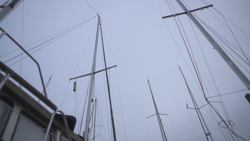 The image shows the masts and rigging of several sailboats against a cloudy sky viewed from below