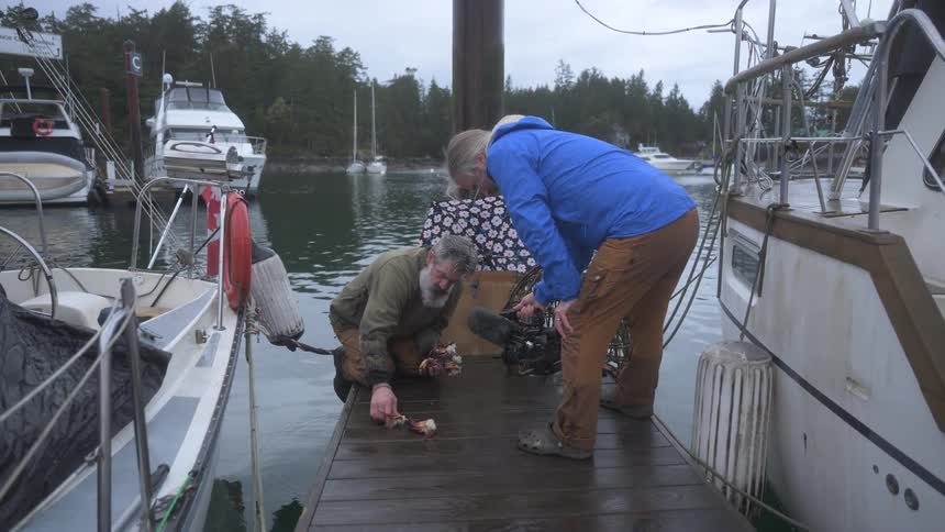 Man being filmed up close while cleaning pieces of crabv