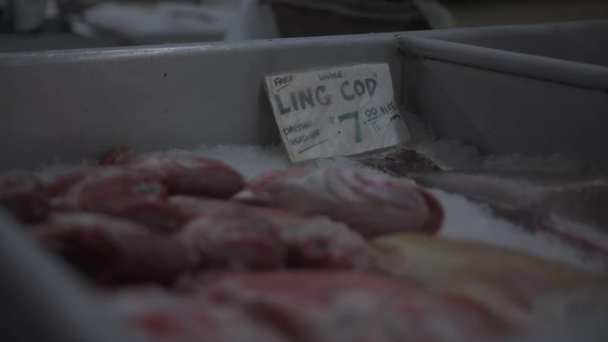 Several cod fish are in a container labeled for sale